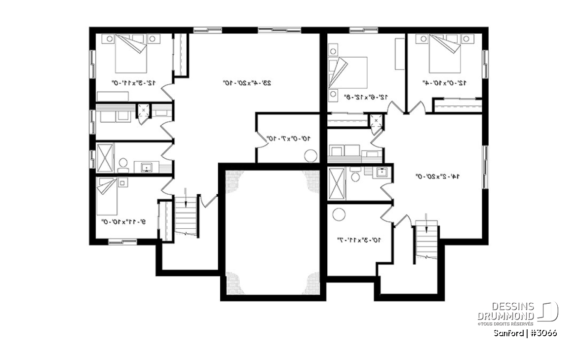 Sous-sol - Plan de maisons jumelées 2 à 4 chambres par unité, 2 salons, grand îlot, 2 salles de bain, buanderie - Sanford
