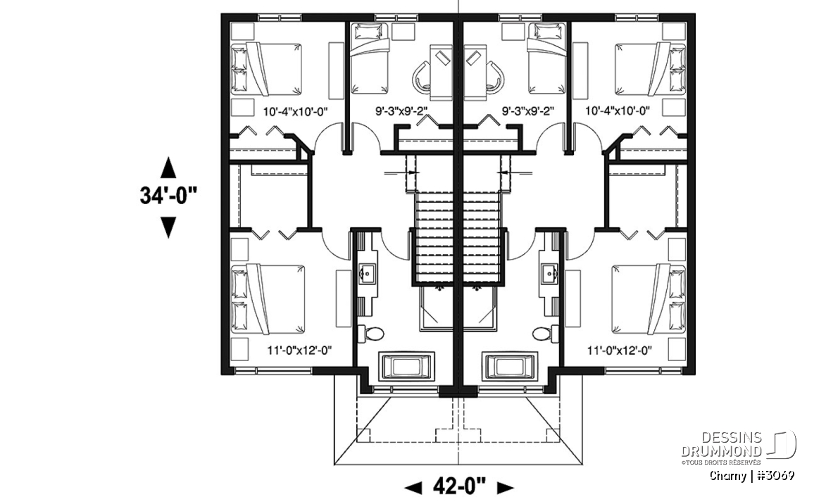 Étage - Plan de jumelé contemporain, 3 à 4 chambres &amp; 1.5 salles de bain par unité, grande cuisine - Charny