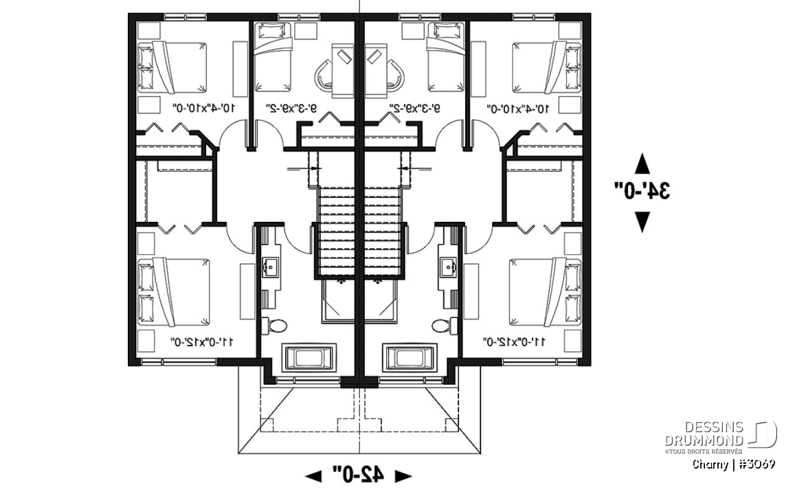 Étage - Plan de jumelé contemporain, 3 à 4 chambres &amp; 1.5 salles de bain par unité, grande cuisine - Charny