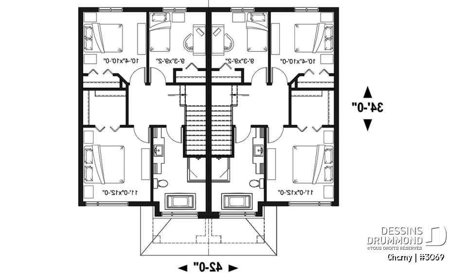 Étage - Plan de jumelé contemporain, 3 à 4 chambres &amp; 1.5 salles de bain par unité, grande cuisine - Charny