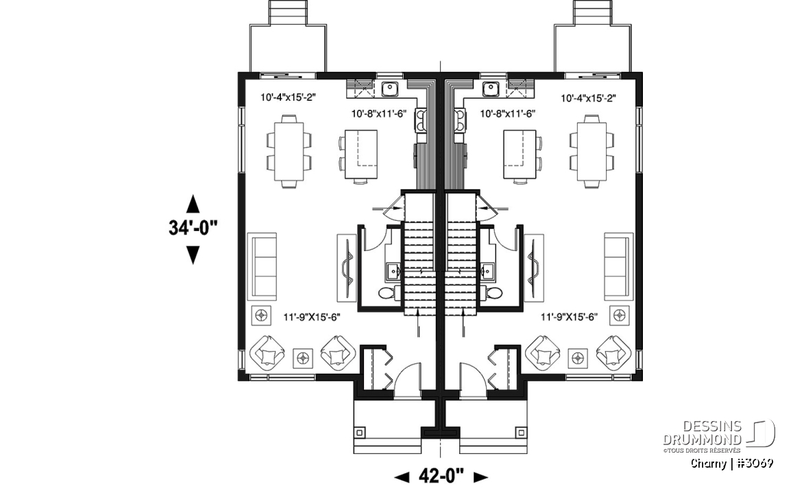 Rez-de-chaussée - Plan de jumelé contemporain, 3 à 4 chambres &amp; 1.5 salles de bain par unité, grande cuisine - Charny