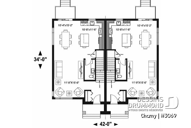 Rez-de-chaussée - Plan de jumelé contemporain, 3 à 4 chambres & 1.5 salles de bain par unité, grande cuisine - Charny