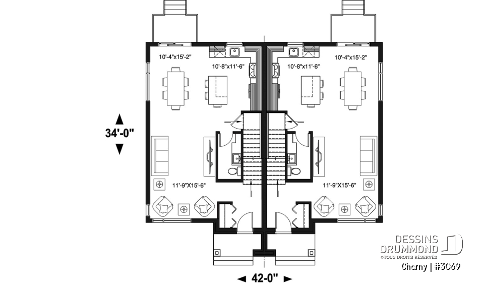 Rez-de-chaussée - Plan de jumelé contemporain, 3 à 4 chambres &amp; 1.5 salles de bain par unité, grande cuisine - Charny