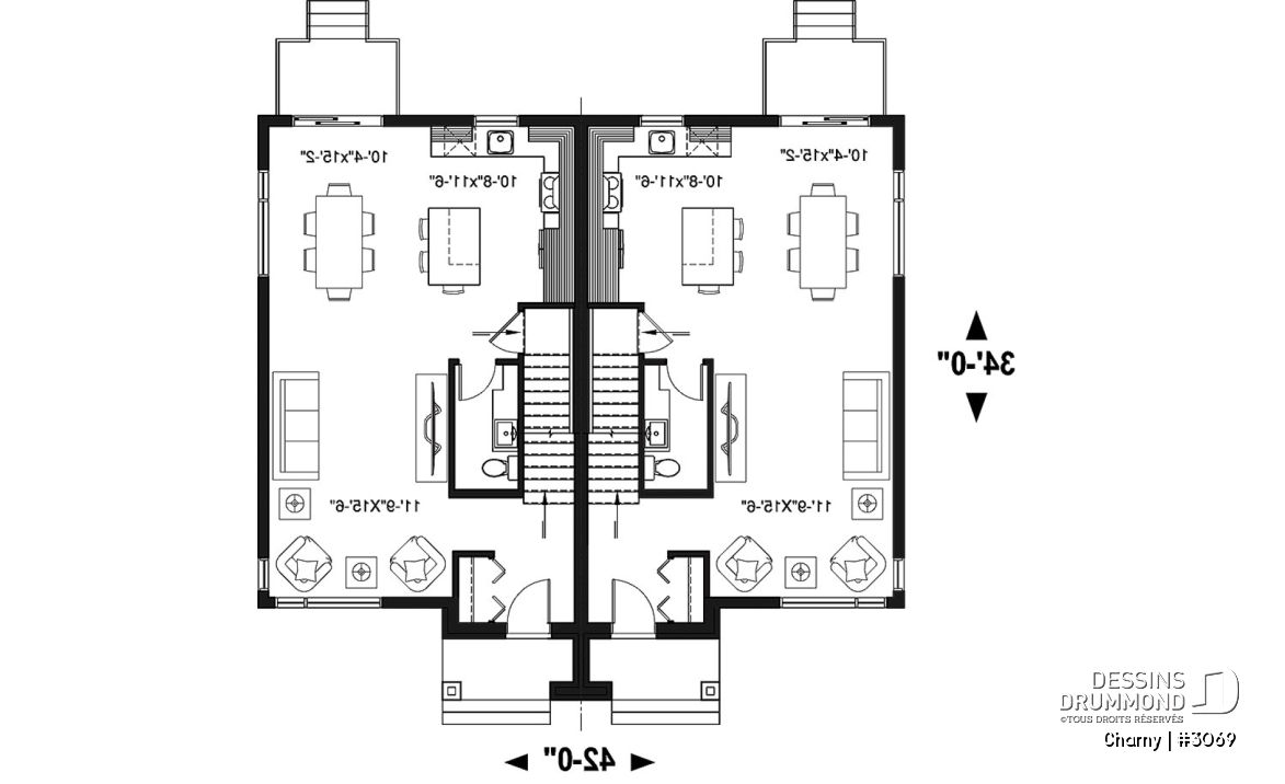 Rez-de-chaussée - Plan de jumelé contemporain, 3 à 4 chambres &amp; 1.5 salles de bain par unité, grande cuisine - Charny