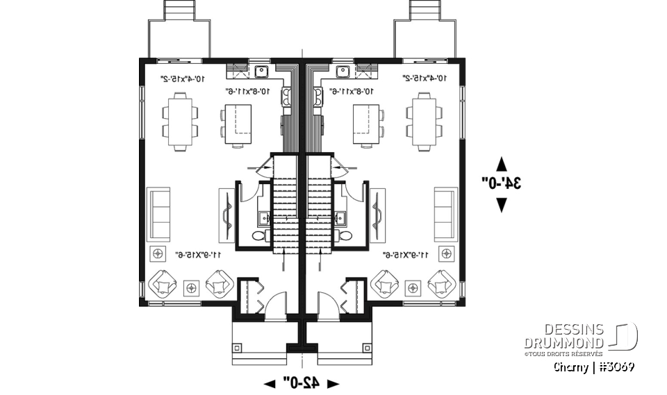 Rez-de-chaussée - Plan de jumelé contemporain, 3 à 4 chambres &amp; 1.5 salles de bain par unité, grande cuisine - Charny