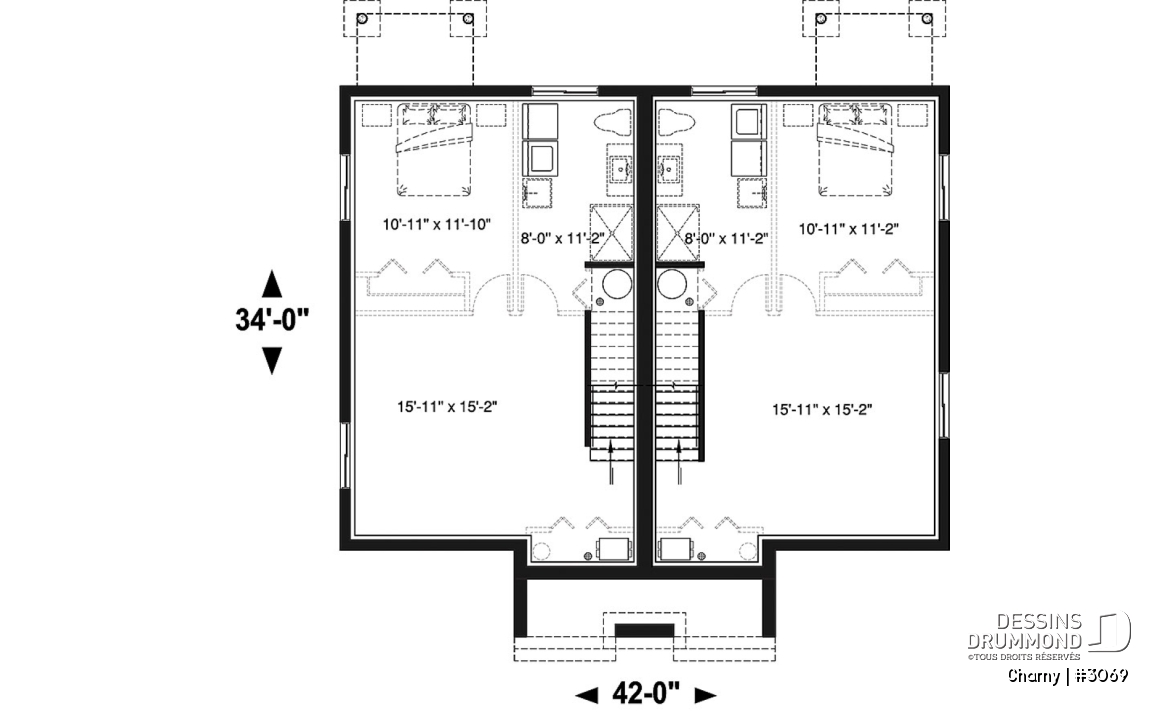 Sous-sol - Plan de jumelé contemporain, 3 à 4 chambres &amp; 1.5 salles de bain par unité, grande cuisine - Charny