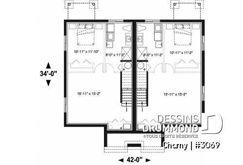 Sous-sol - Plan de jumelé contemporain, 3 à 4 chambres & 1.5 salles de bain par unité, grande cuisine - Charny