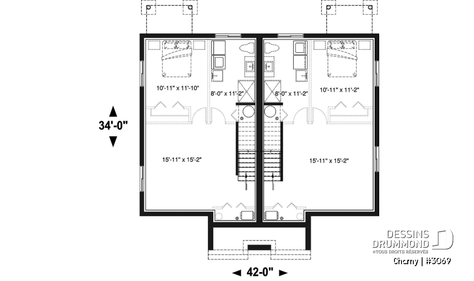Sous-sol - Plan de jumelé contemporain, 3 à 4 chambres &amp; 1.5 salles de bain par unité, grande cuisine - Charny