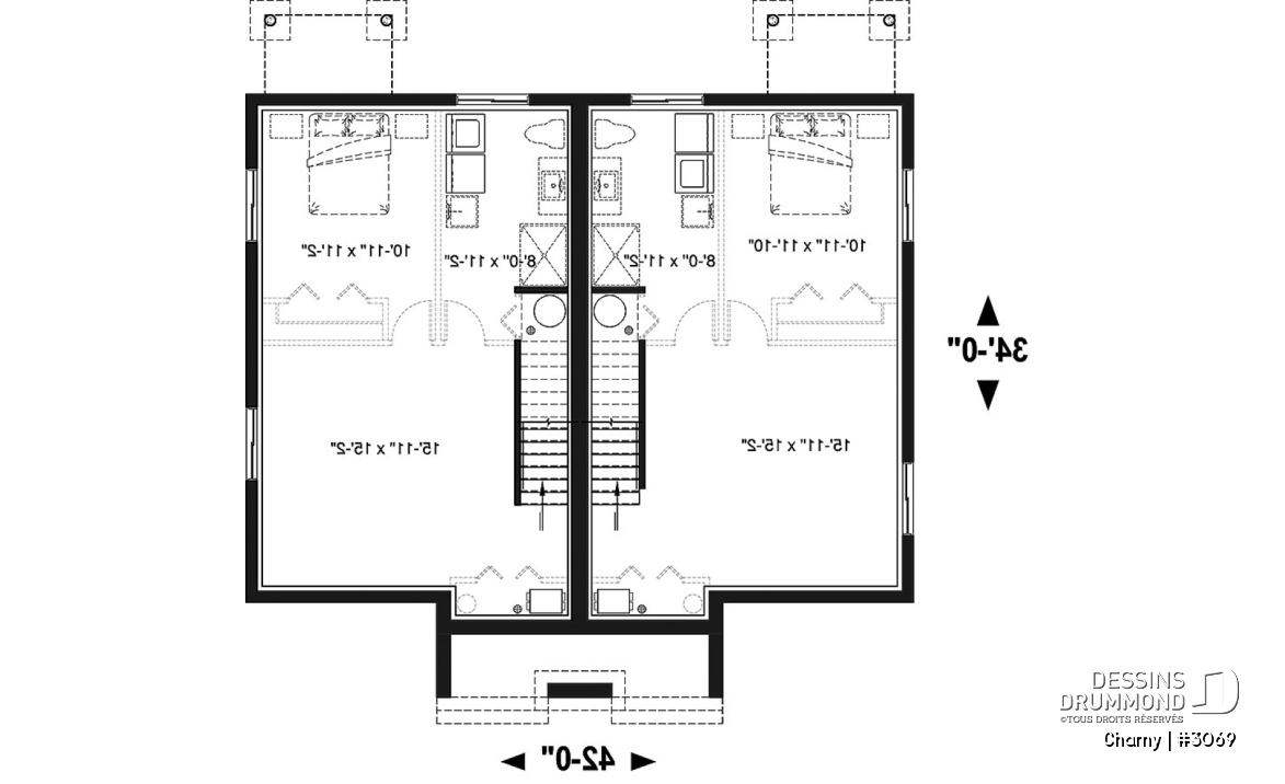 Sous-sol - Plan de jumelé contemporain, 3 à 4 chambres &amp; 1.5 salles de bain par unité, grande cuisine - Charny