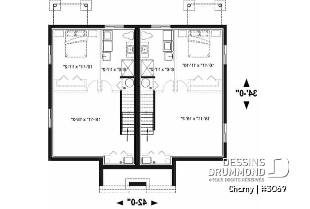 Sous-sol - Plan de jumelé contemporain, 3 à 4 chambres & 1.5 salles de bain par unité, grande cuisine - Charny