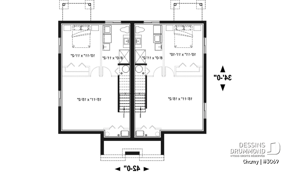 Sous-sol - Plan de jumelé contemporain, 3 à 4 chambres &amp; 1.5 salles de bain par unité, grande cuisine - Charny