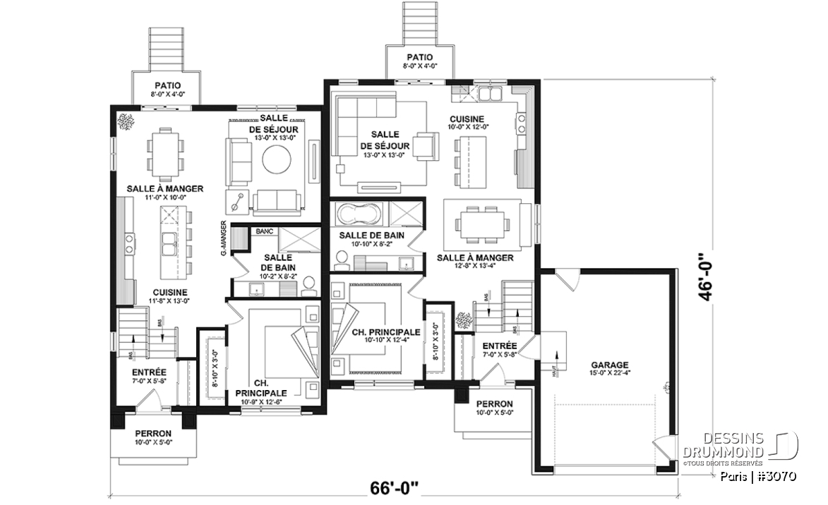 Rez-de-chaussée - Plan de jumelée contemporain, 1 à 3 chambres, 2 sdb, sous-sol aménagé optionnel ($), garage d'un côté - Paris