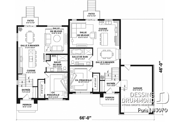 Rez-de-chaussée - Plan de jumelée contemporain, 1 à 3 chambres, 2 sdb, sous-sol aménagé optionnel ($), garage d'un côté - Paris