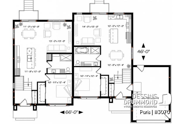 Rez-de-chaussée - Plan de jumelée contemporain, 1 à 3 chambres, 2 salles de bain, cuisine avec îlot, buanderie, garage d'un côté - Paris