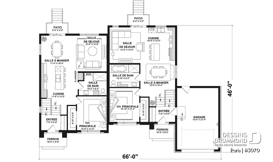 Rez-de-chaussée - Plan de jumelée contemporain, 1 à 3 chambres, 2 sdb, sous-sol aménagé optionnel ($), garage d'un côté - Paris