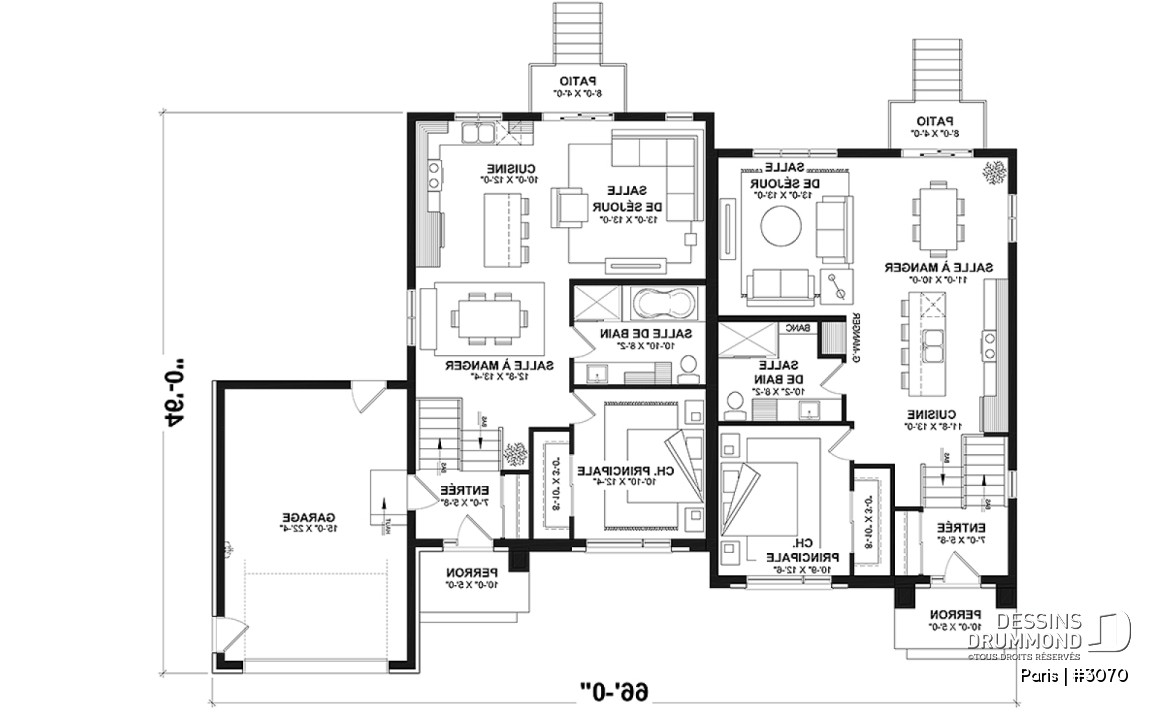 Rez-de-chaussée - Plan de jumelée contemporain, 1 à 3 chambres, 2 sdb, sous-sol aménagé optionnel ($), garage d'un côté - Paris