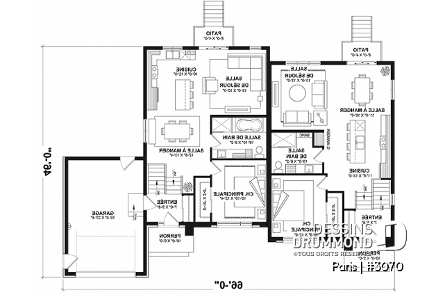 Rez-de-chaussée - Plan de jumelée contemporain, 1 à 3 chambres, 2 sdb, sous-sol aménagé optionnel ($), garage d'un côté - Paris