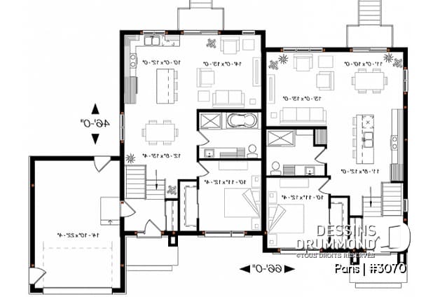 Rez-de-chaussée - Plan de jumelée contemporain, 1 à 3 chambres, 2 salles de bain, cuisine avec îlot, buanderie, garage d'un côté - Paris
