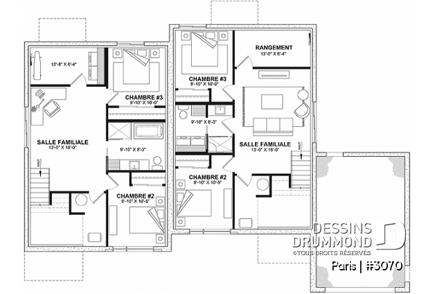 Sous-sol aménagé - Plan de jumelée contemporain, 1 à 3 chambres, 2 sdb, sous-sol aménagé optionnel ($), garage d'un côté - Paris
