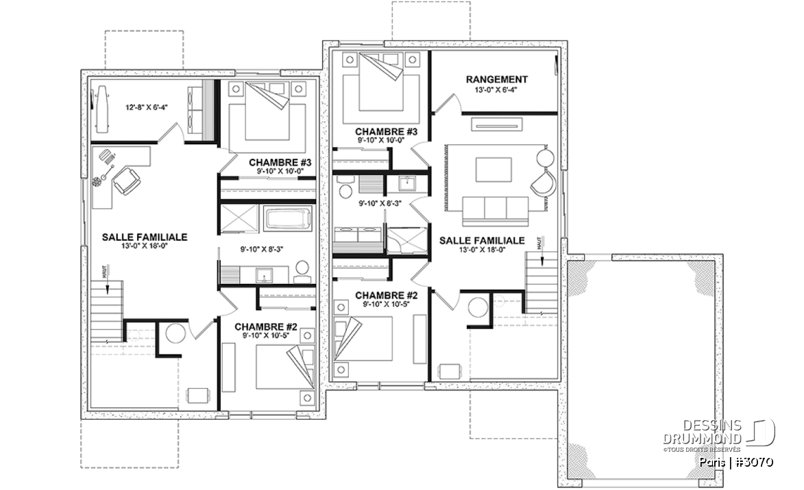 Sous-sol aménagé (Optionel $) - Plan de jumelée contemporain, 1 à 3 chambres, 2 sdb, sous-sol aménagé optionnel ($), garage d'un côté - Paris