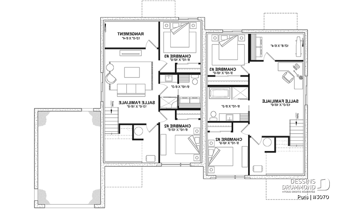Sous-sol aménagé (Optionel $) - Plan de jumelée contemporain, 1 à 3 chambres, 2 sdb, sous-sol aménagé optionnel ($), garage d'un côté - Paris