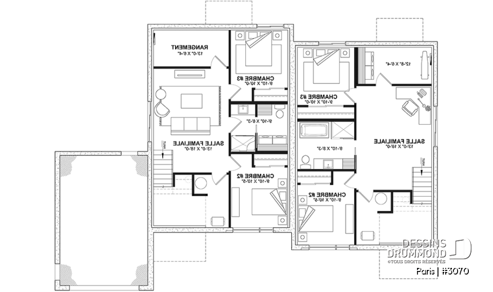 Sous-sol aménagé (Optionel $) - Plan de jumelée contemporain, 1 à 3 chambres, 2 sdb, sous-sol aménagé optionnel ($), garage d'un côté - Paris