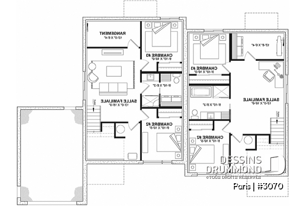 Sous-sol aménagé - Plan de jumelée contemporain, 1 à 3 chambres, 2 sdb, sous-sol aménagé optionnel ($), garage d'un côté - Paris