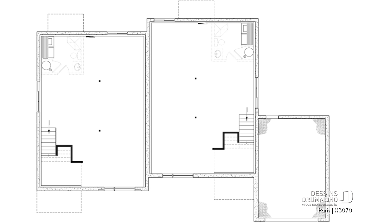 Sous-sol aménageable - Plan de jumelée contemporain, 1 à 3 chambres, 2 sdb, sous-sol aménagé optionnel ($), garage d'un côté - Paris