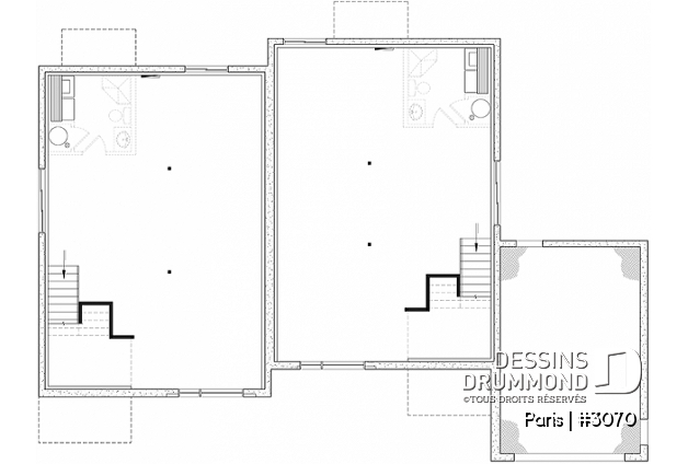 Sous-sol aménageable - Plan de jumelée contemporain, 1 à 3 chambres, 2 sdb, sous-sol aménagé optionnel ($), garage d'un côté - Paris