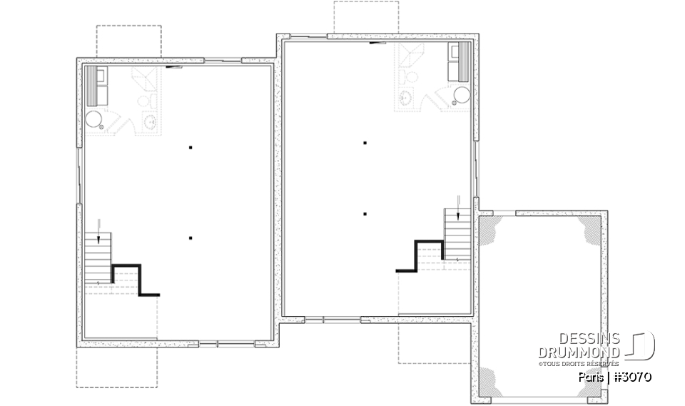 Sous-sol aménageable - Plan de jumelée contemporain, 1 à 3 chambres, 2 sdb, sous-sol aménagé optionnel ($), garage d'un côté - Paris