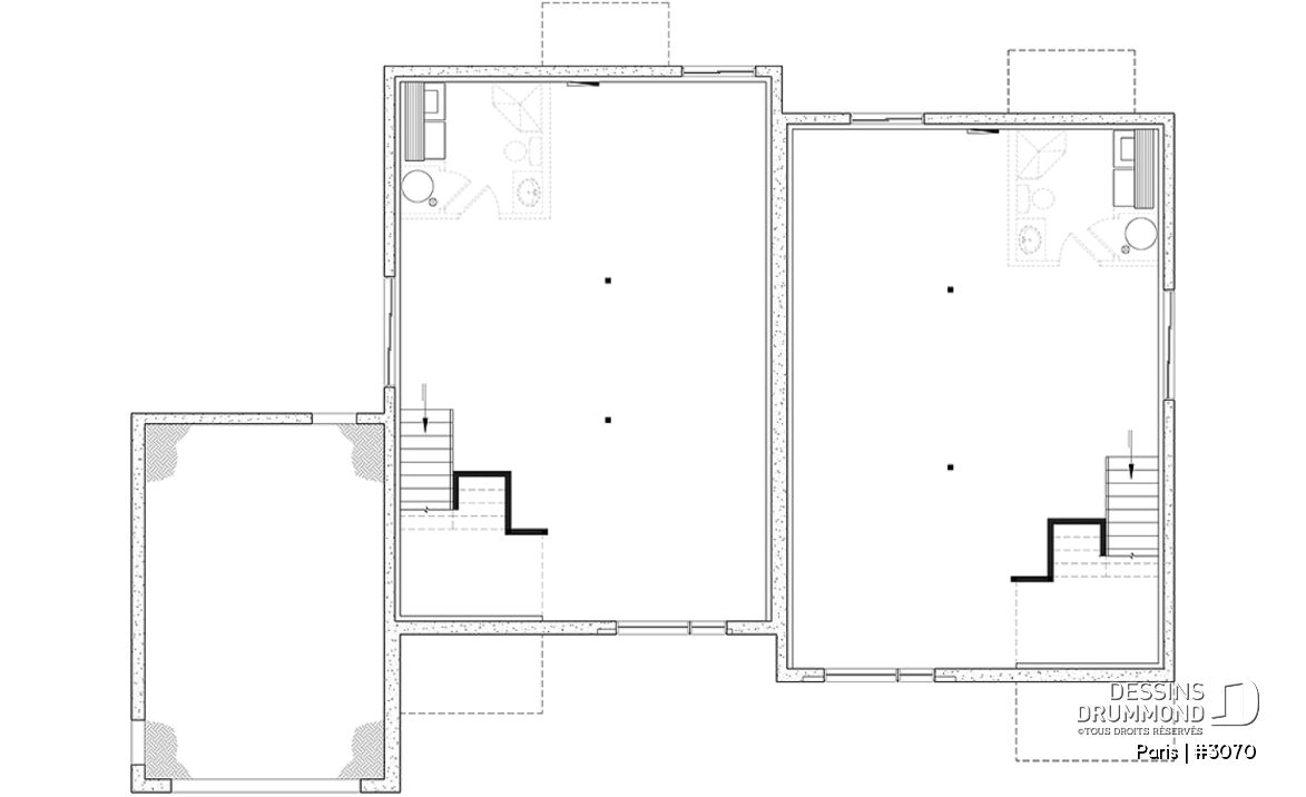 Sous-sol aménageable - Plan de jumelée contemporain, 1 à 3 chambres, 2 sdb, sous-sol aménagé optionnel ($), garage d'un côté - Paris