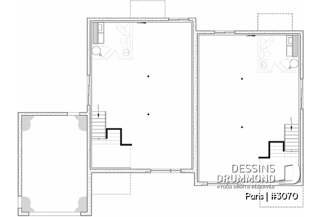 Sous-sol aménageable - Plan de jumelée contemporain, 1 à 3 chambres, 2 sdb, sous-sol aménagé optionnel ($), garage d'un côté - Paris