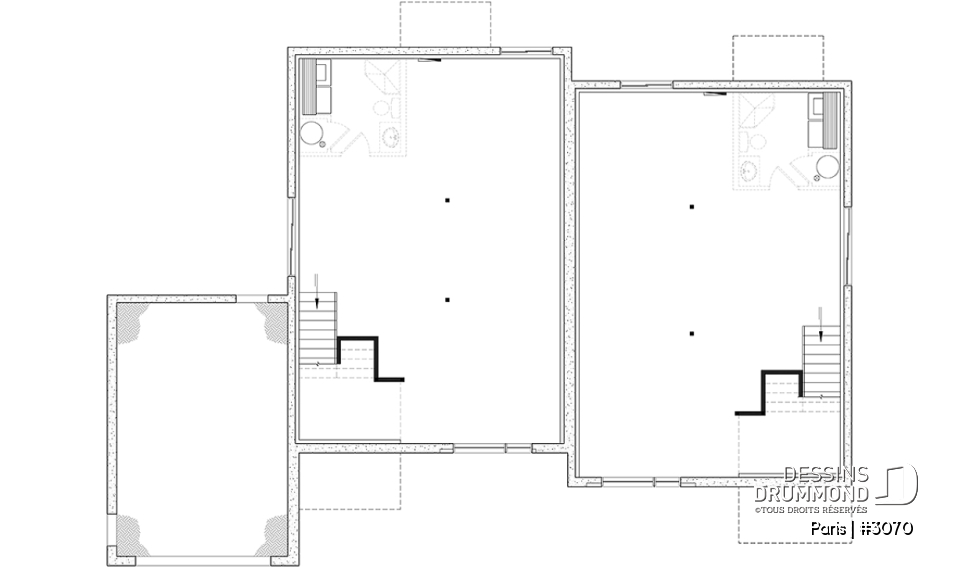 Sous-sol aménageable - Plan de jumelée contemporain, 1 à 3 chambres, 2 sdb, sous-sol aménagé optionnel ($), garage d'un côté - Paris