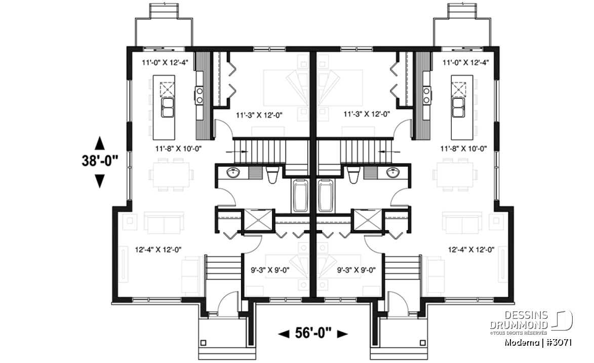 Rez-de-chaussée - Plan de maison jumelée moderne, 2 à 4 chambres, 1-2 salles de bain et 1-2 salons par unité, entrée split - Moderna