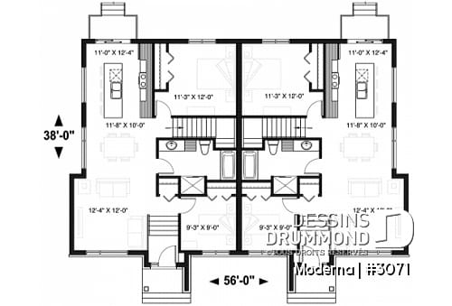 Rez-de-chaussée - Plan de maison jumelée moderne, 2 à 4 chambres, 1-2 salles de bain et 1-2 salons par unité, entrée split - Moderna