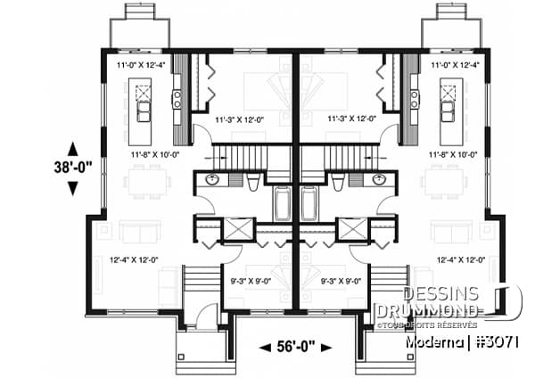 Rez-de-chaussée - Plan de maison jumelée moderne, 2 à 4 chambres, 1-2 salles de bain et 1-2 salons par unité, entrée split - Moderna