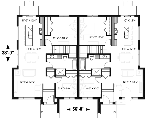 Rez-de-chaussée - Plan de maison jumelée moderne, 2 à 4 chambres, 1-2 salles de bain et 1-2 salons par unité, entrée split - Moderna
