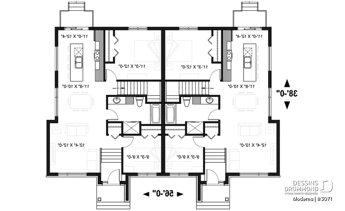 Rez-de-chaussée - Plan de maison jumelée moderne, 2 à 4 chambres, 1-2 salles de bain et 1-2 salons par unité, entrée split - Moderna
