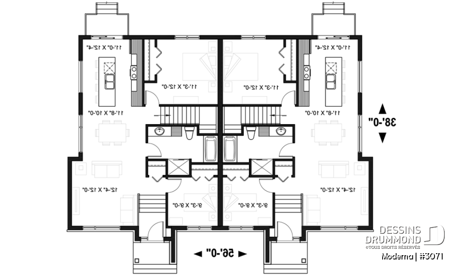 Rez-de-chaussée - Plan de maison jumelée moderne, 2 à 4 chambres, 1-2 salles de bain et 1-2 salons par unité, entrée split - Moderna