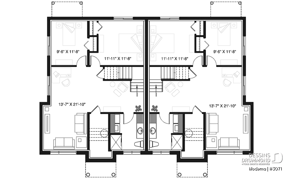 Sous-sol - Plan de maison jumelée moderne, 2 à 4 chambres, 1-2 salles de bain et 1-2 salons par unité, entrée split - Moderna