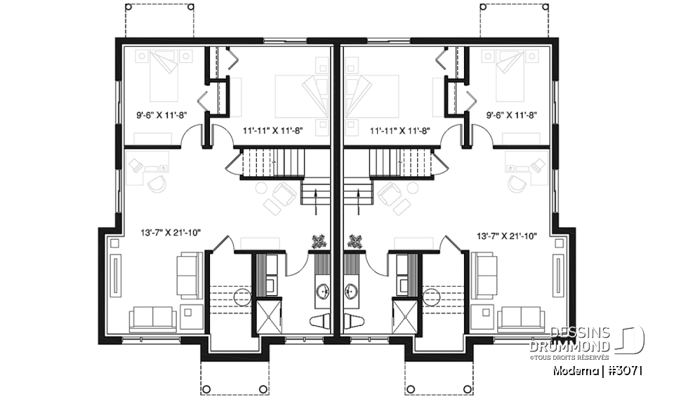 Sous-sol - Plan de maison jumelée moderne, 2 à 4 chambres, 1-2 salles de bain et 1-2 salons par unité, entrée split - Moderna
