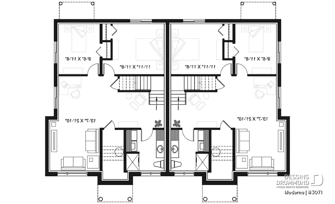 Sous-sol - Plan de maison jumelée moderne, 2 à 4 chambres, 1-2 salles de bain et 1-2 salons par unité, entrée split - Moderna