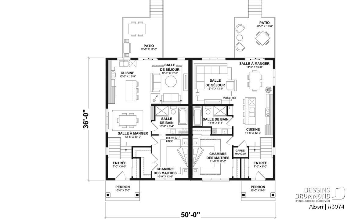 Rez-de-chaussée - Plan de maisons jumelées proposant deux aménagements différents au rez-de-chaussée et total de 3 chambres - Albert