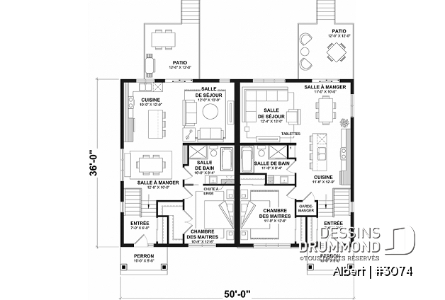 Rez-de-chaussée - Plan de maisons jumelées proposant deux aménagements différents au rez-de-chaussée et total de 3 chambres - Albert