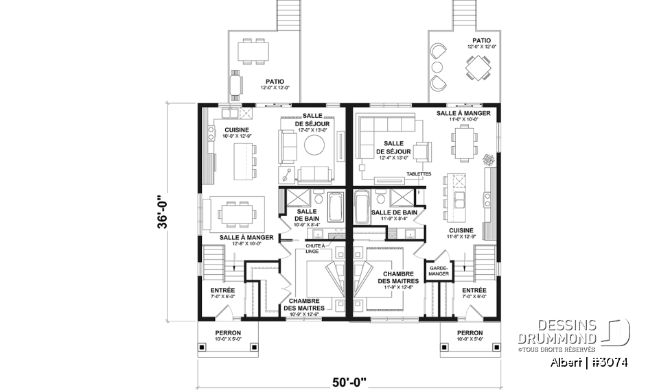Rez-de-chaussée - Plan de maisons jumelées proposant deux aménagements différents au rez-de-chaussée et total de 3 chambres - Albert