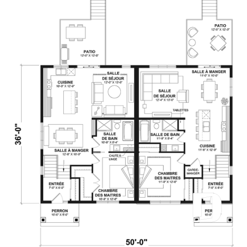 Rez-de-chaussée - Plan de maisons jumelées proposant deux aménagements différents au rez-de-chaussée et total de 3 chambres - Albert
