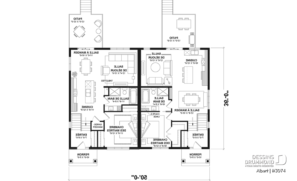 Rez-de-chaussée - Plan de maisons jumelées proposant deux aménagements différents au rez-de-chaussée et total de 3 chambres - Albert