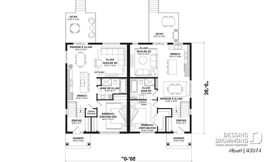 Rez-de-chaussée - Plan de maisons jumelées proposant deux aménagements différents au rez-de-chaussée et total de 3 chambres - Albert