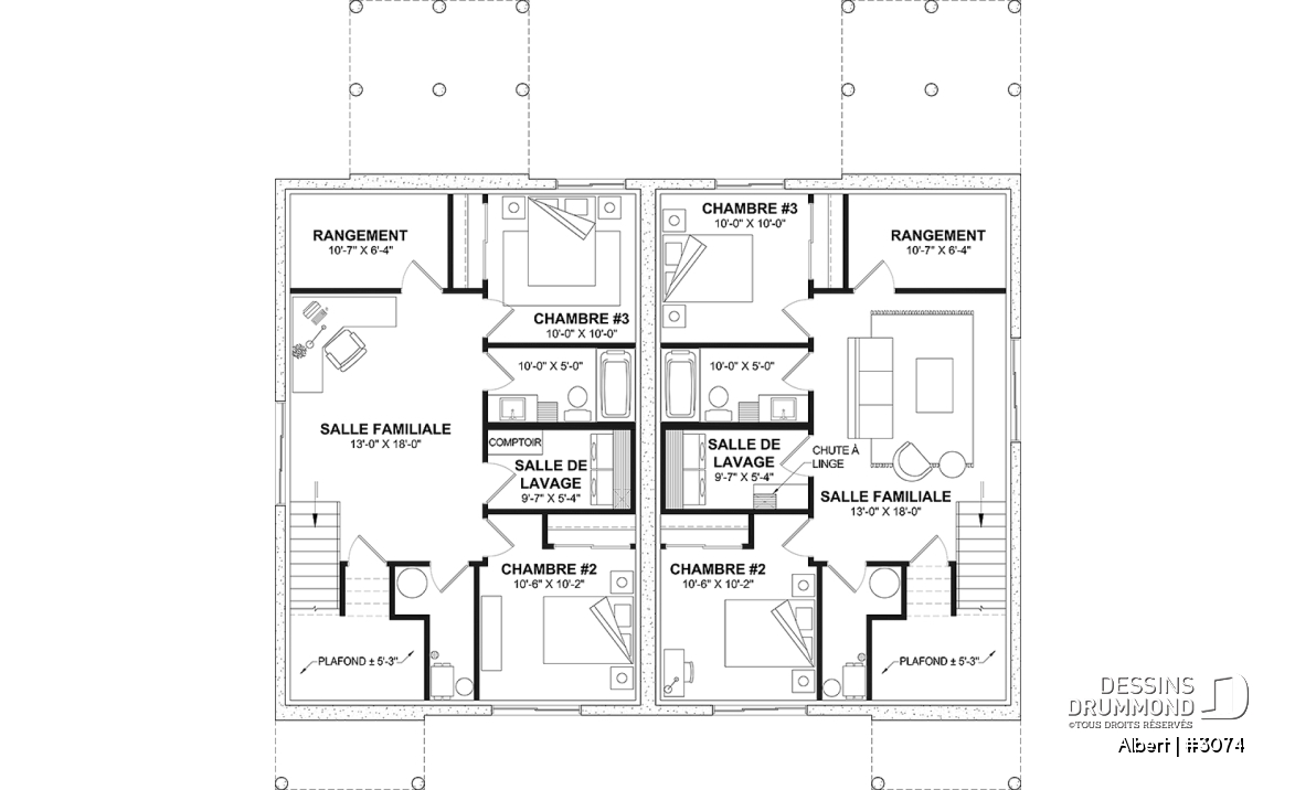 Sous-sol - Plan de maisons jumelées proposant deux aménagements différents au rez-de-chaussée et total de 3 chambres - Albert