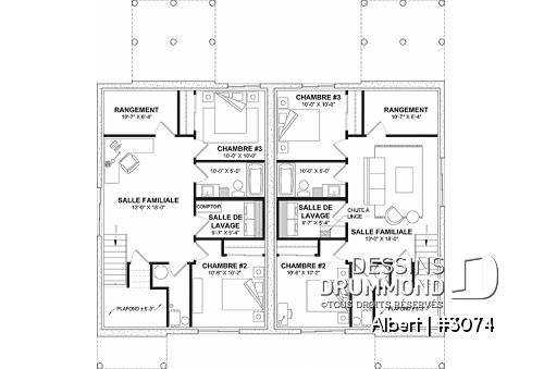 Sous-sol - Plan de maisons jumelées proposant deux aménagements différents au rez-de-chaussée et total de 3 chambres - Albert